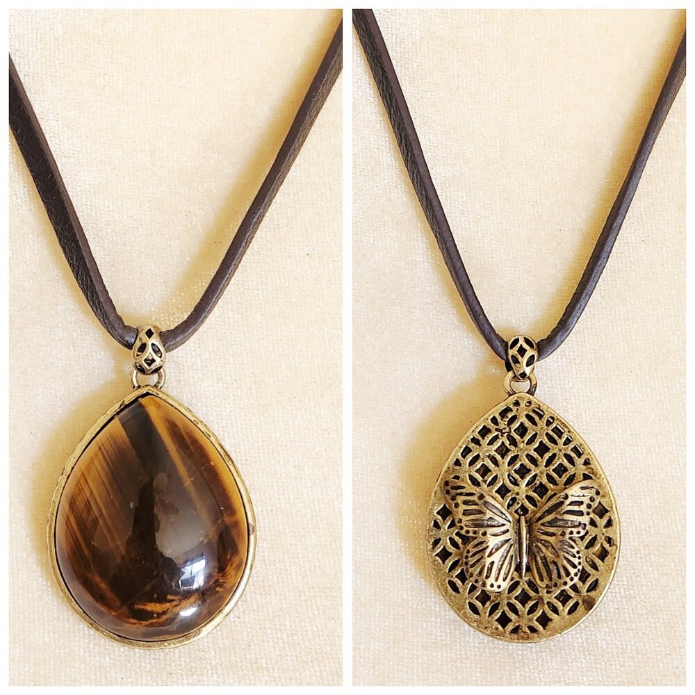 Fossil Tiger's Eye Semi Precious 3D Butterfly Double Sided Teardrop Necklace